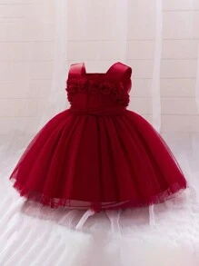 Baby Girls' Solid Color Mesh Sleeveless Wide Strap 3D Floral Elegantc Flower Girl Dress For Wedding Party, Headband Not Included - Burgundy - View 4