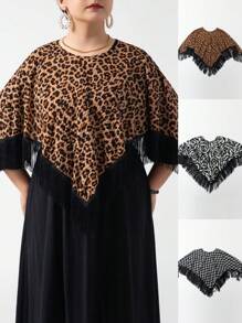 1 peça xale feminino com estampa de leopardo, flor e letra, leve, malha elástica, franjas, cachecol versátil para aquecimento, viagem, proteção solar, inverno - Multicolorido - Ver 1