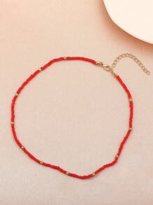 1pc Fashionable Minimalist Colorful Beaded Necklace With Red Seed Beads For Women, Daily Wear