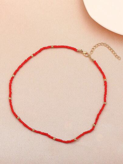 1條時尚極簡彩色珠串項鍊，配有紅色種子珠，適用於女性日常佩戴