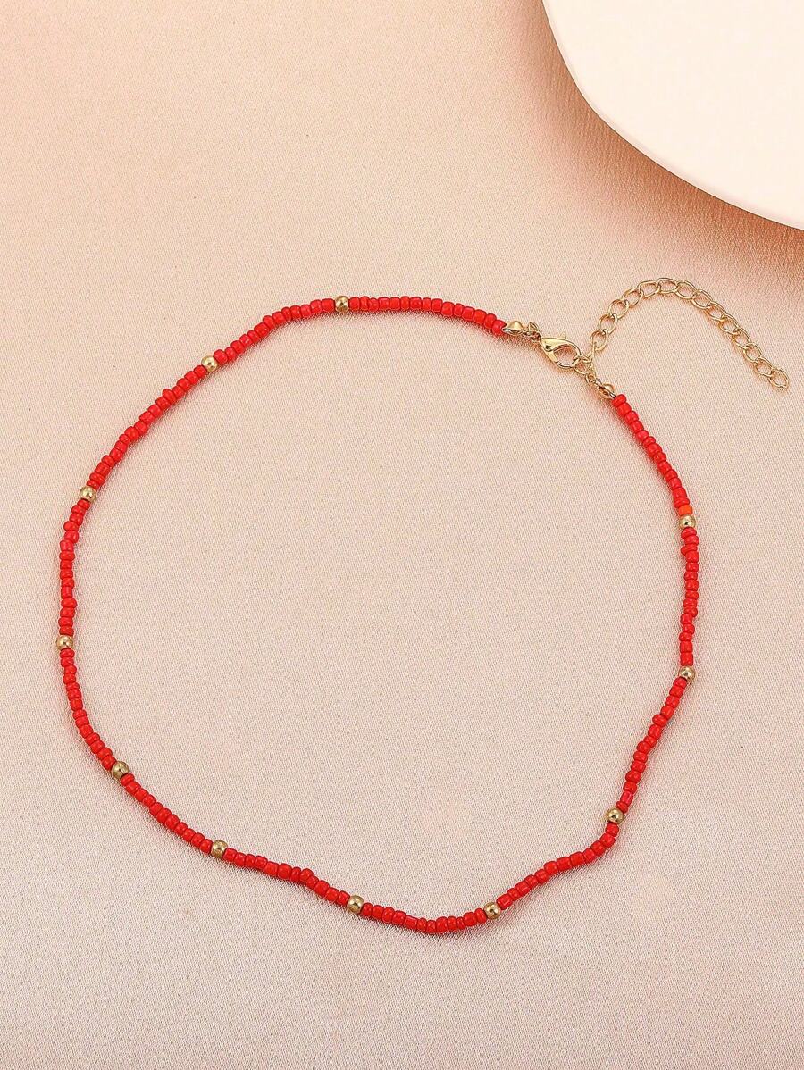1pc Fashionable Minimalist Colorful Beaded Necklace With Red Seed Beads For Women, Daily Wear