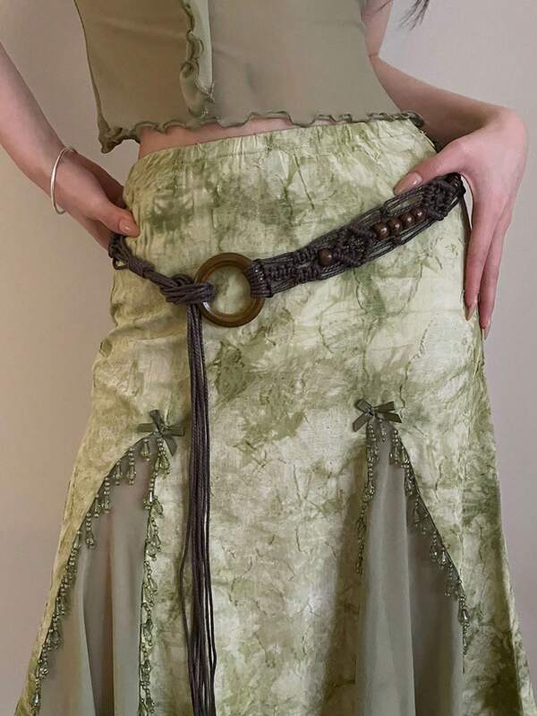 1pc Women's Coffee-Colored Polyester Bohemian Style Round Buckle Pearl Vintage Waist Chain Halloween Christmas Summer, School Fall, Autumn, Halloween