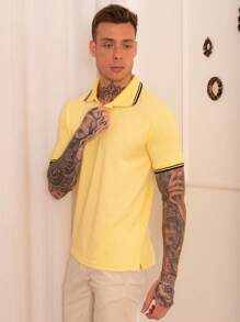 Lucky Star Modas Men's Striped Polo Shirt Piquet Knit - Yellow - View 3