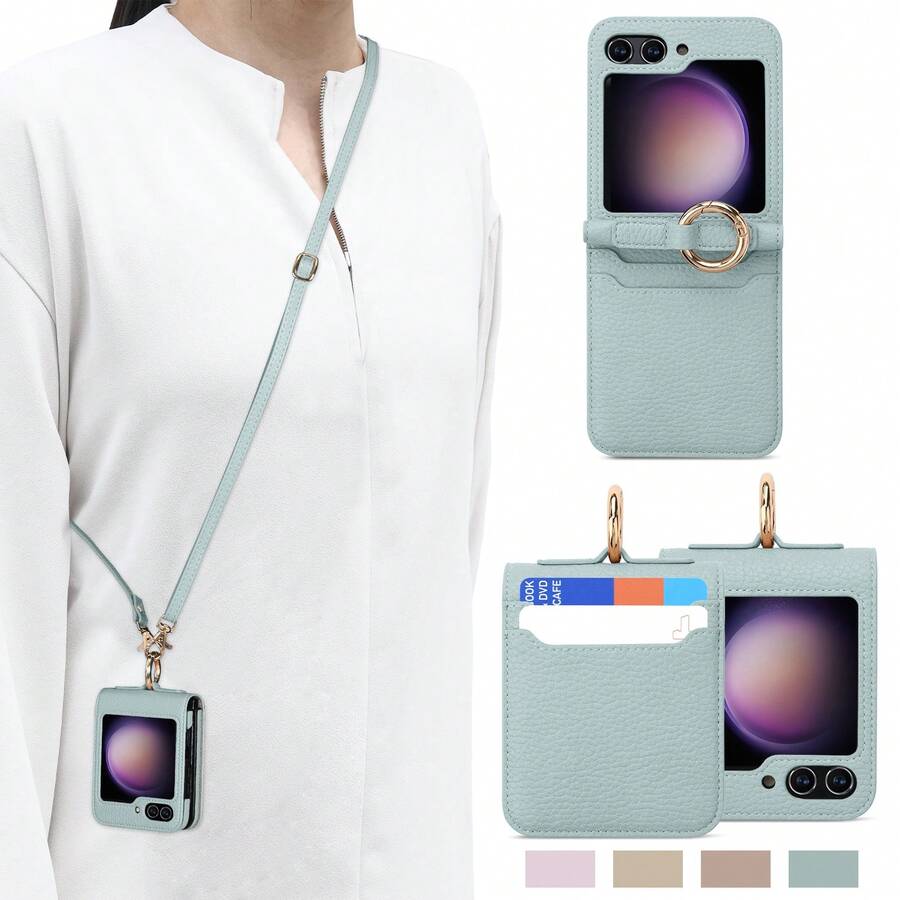 带手机吊饰斜挎手机壳适用于三星 Galaxy Z Flip 5/Flip 4/Flip 3 可折叠手机壳翻盖屏幕手机壳卡夹壳适用于三星 Galaxy Z Flip 4/Flip 5 钱包保护套，带信用卡槽的斜挎包带，人造皮革带可调节可拆卸挂绳和腕带，适合女性 - 藍色 - 查看 1