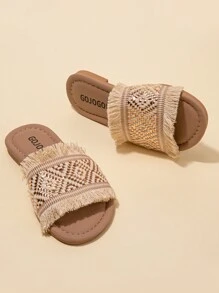 1 双夏季畅销款米色儿童防滑拖鞋舒适柔软简约米色平底女童3-12岁凉鞋拖鞋适合室内外日常度假休闲沙滩白色编织金黑边流苏设计绑带设计拖鞋