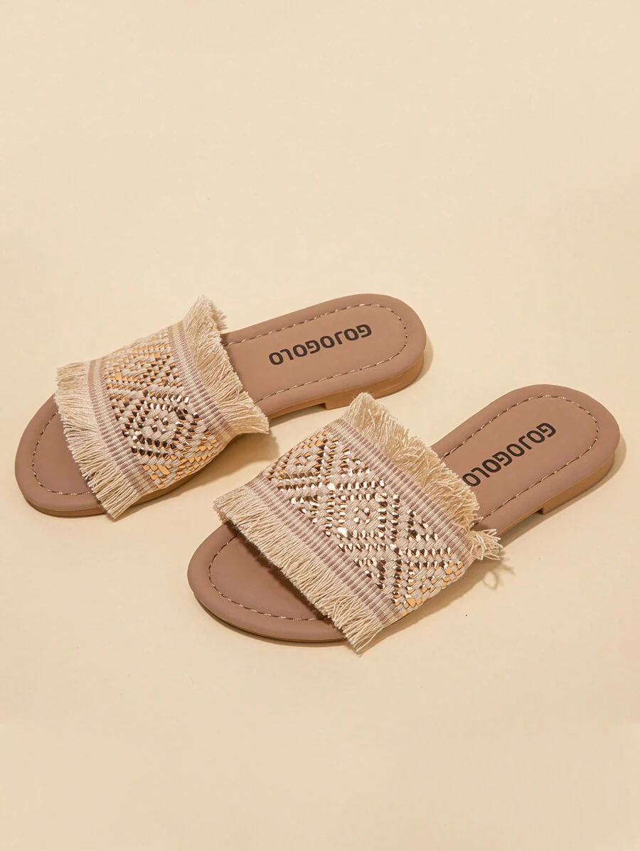 1 双夏季畅销款米色儿童防滑拖鞋舒适柔软简约米色平底女童3-12岁凉鞋拖鞋适合室内外日常度假休闲沙滩白色编织金黑边流苏设计绑带设计拖鞋