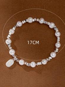 复古925纯银天然珍珠碎片圆盘手链，传统中国风设计，独特的个性化珠宝，原创淡水珍珠弹性手链，略有天然瑕疵，适合日常佩戴或特殊场合佩戴。附赠礼盒。 - 銀色 - 查看 4