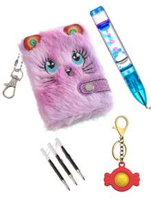 Nhật ký mèo bông và vòng chìa khóa bong bóng và bộ bút lỏng (Bao gồm 3 lần nạp lại), Nhật ký mờ nhuộm màu, Nhật ký giảm căng thẳng, Sổ bìa cứng để viết và vẽ, Quà sinh nhật (Happy Cat) - Nhiều màu - Xem 1