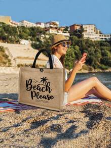 1个沙滩字母亚麻手提袋，个性化伴娘礼品袋，旅行收纳袋，大容量旅行化妆包：户外美妆的完美之选！适合婚礼、生日、海滩和假期，是馈赠亲朋好友的绝佳礼物。 - 卡其色 - 查看 2