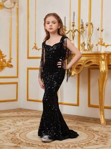 Đầm dạ hội đuôi cá đính sequin sang trọng cho bé gái, thiết kế tay áo tua rua, cổ áo hình trái tim - Dài đến sàn, dáng ôm sát, phù hợp cho các dịp đặc biệt. - màu đen - Xem 6