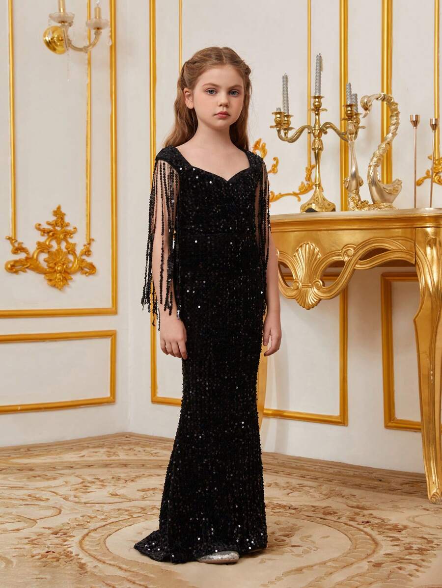Đầm dạ hội đuôi cá đính sequin sang trọng cho bé gái, thiết kế tay áo tua rua, cổ áo hình trái tim - Dài đến sàn, dáng ôm sát, phù hợp cho các dịp đặc biệt. - màu đen - Xem 1