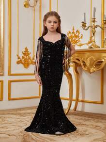 Đầm dạ hội đuôi cá đính sequin sang trọng cho bé gái, thiết kế tay áo tua rua, cổ áo hình trái tim - Dài đến sàn, dáng ôm sát, phù hợp cho các dịp đặc biệt. - màu đen - Xem 5