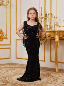 Đầm dạ hội đuôi cá đính sequin sang trọng cho bé gái, thiết kế tay áo tua rua, cổ áo hình trái tim - Dài đến sàn, dáng ôm sát, phù hợp cho các dịp đặc biệt. - màu đen - Xem 3