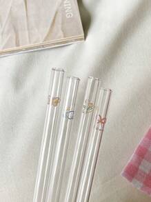 1件/3件/4件/10件简约玻璃吸管饮料吸管蝴蝶结印花透明吸管日常派对用品家居厨房用品学校用品、圣诞礼物 - 無色 - 查看 2