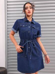 Women's Casual Denim Dress For Spring, Summer And Autumn - Dark Wash - View 4