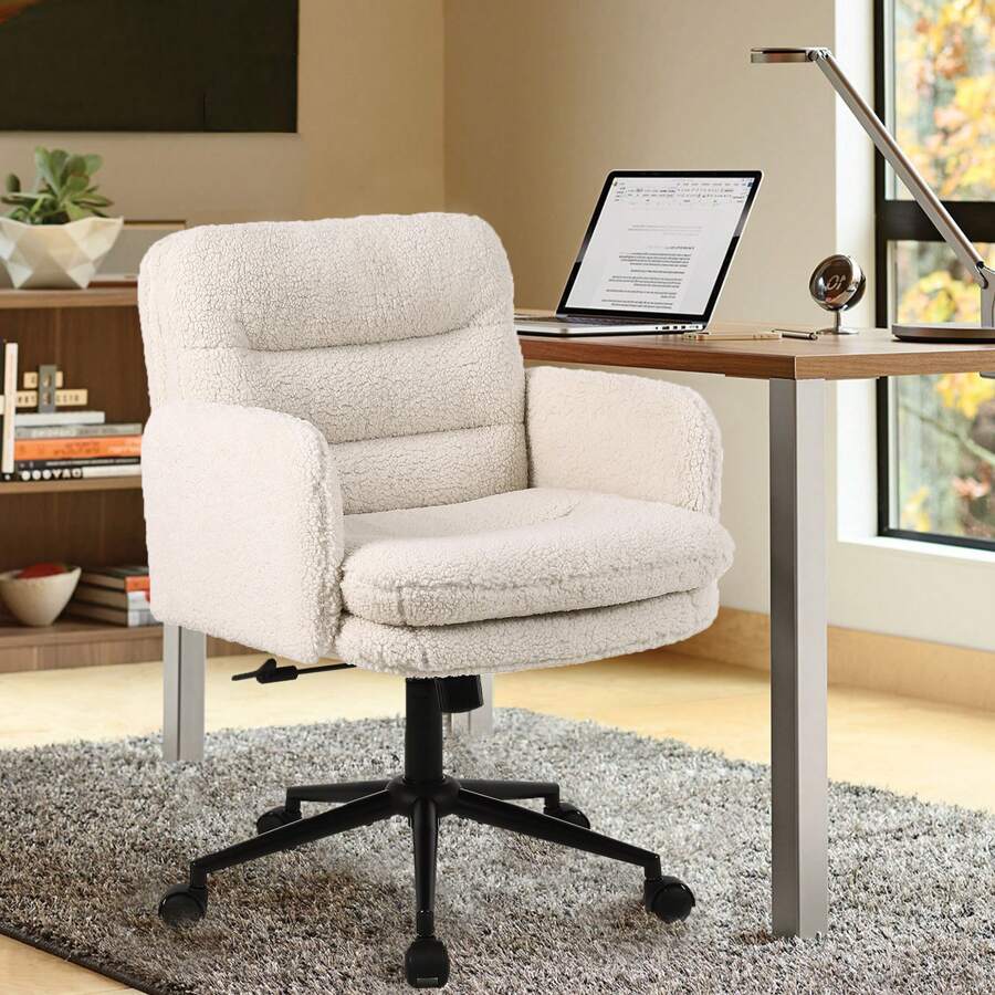 Office Chairs For Home, Faux Cashmere Desk Chair With Adjustable Height, Comfortable Computer Chair Bedroom Chair Makeup Chair, Furniture - 米色 - 查看 1