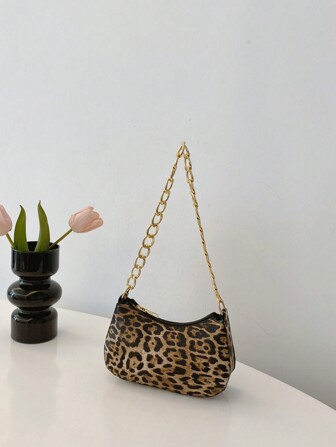 豹纹链条单肩法棍包，女士 Tready 新月包，时尚豹纹包