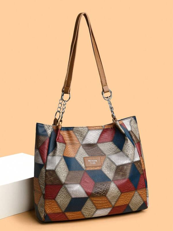 Bolso de mano para mujer con diseño de cuadros coloridos, bolso de hombro con decoración de cadena