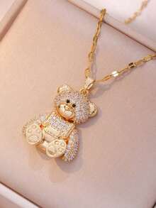 1 件不锈钢熊吊坠项链，带水钻，适合日常佩戴和送礼 - 金黃色 - 查看 6