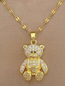 1 件不锈钢熊吊坠项链，带水钻，适合日常佩戴和送礼 - 金黃色 - 查看 5