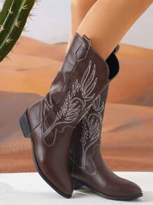 Women's Four Seasons Fashion Embroidered Leather Western Boots, Dark Brown Fashion Boots Low Heel Thick Heel High Top Fashion Punk Style Chelsea Boots - Chocolate Brown - View 6