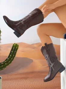 Women's Four Seasons Fashion Embroidered Leather Western Boots, Dark Brown Fashion Boots Low Heel Thick Heel High Top Fashion Punk Style Chelsea Boots - Chocolate Brown - View 3