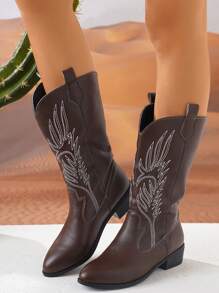 Women's Four Seasons Fashion Embroidered Leather Western Boots, Dark Brown Fashion Boots Low Heel Thick Heel High Top Fashion Punk Style Chelsea Boots - Chocolate Brown - View 2