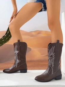 Women's Four Seasons Fashion Embroidered Leather Western Boots, Dark Brown Fashion Boots Low Heel Thick Heel High Top Fashion Punk Style Chelsea Boots - Chocolate Brown - View 4