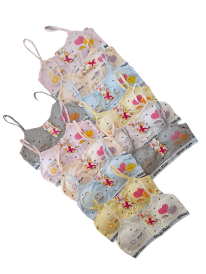 Paquete 12 Piezas Corpiño Bra Para Niña Copas Extraíbles Estampados Divertidos Unitalla Colores Surtidos Envio de Estampado depende de Disponibilidad