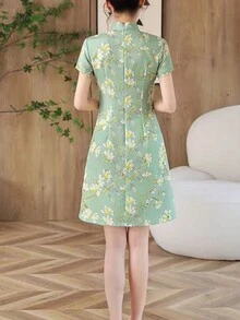 Women's Elegant Floral Print Stand Collar Cheongsam Dress, Summer - Green - View 4