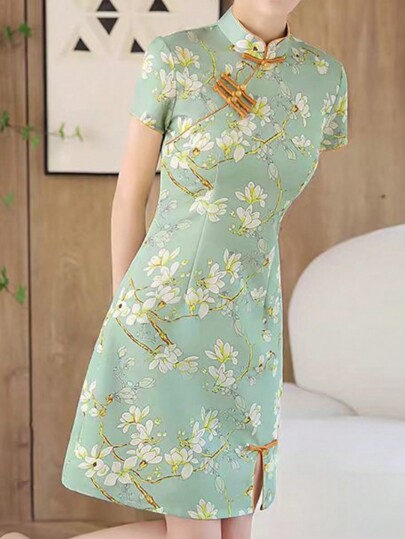 Women's Elegant Floral Print Stand Collar Cheongsam Dress, Summer