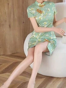 Women's Elegant Floral Print Stand Collar Cheongsam Dress, Summer - Green - View 3