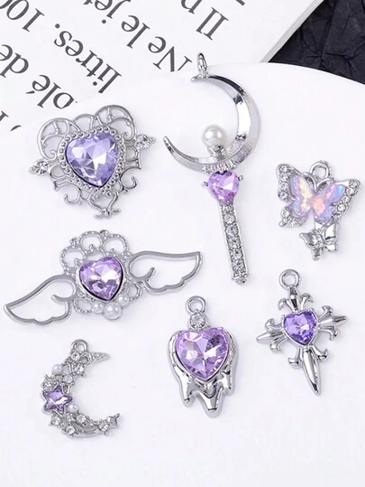 5入組紫色蝴蝶翅膀和心形DIY珠寶吊墜套裝，適用於耳環和項鍊，鋅合金材質