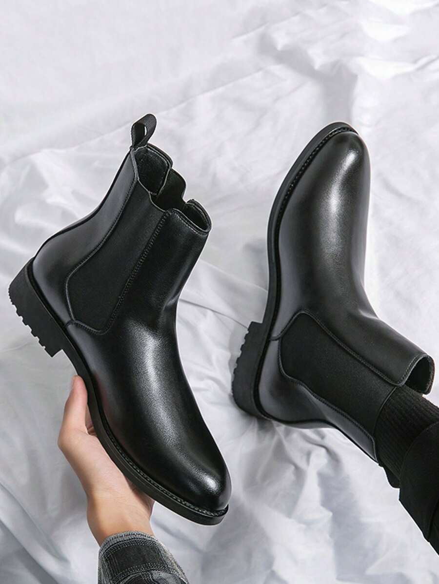 Men's British Style Chelsea Elastic Ankle Middle Top Pointed-Toe Fashionable Boots - Black - View 1