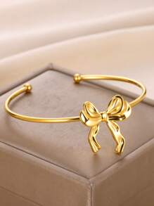 1 Pc Fashion Bow Open Bracelet For Women Gold Color Stainless Steel Geometric Bracelet Birthday Party Jewelry Gift Valentines,Mom,Mother,Mother's Day,Gift