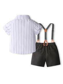 KIMOCAT 男孩夏季紳士風格短袖條紋襯衫和吊帶短褲套裝 - 白色 - 查看 2