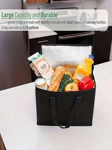 XL/Túi cách nhiệt cực lớn, giữ nóng/lạnh thực phẩm trong nhiều giờ - Túi tạp hóa có thể tái sử dụng, Túi làm mát mềm, Khóa kéo chắc chắn nhẹ, Túi giữ nhiệt không dệt cho bữa trưa, Túi tươi bằng nhôm, Hộp đựng thức ăn mang đi, Túi ăn trưa - màu đen - Xem 4