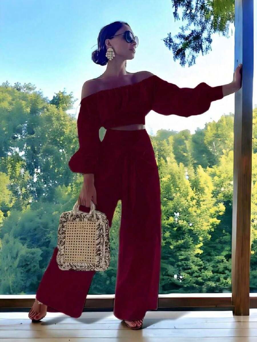 Conjunto Top De Hombro Descubierto Con Mangas Holgadas Y Pantalones Anchos De Pierna Para Mujer - Vino - Ver 1