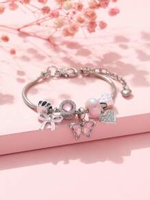 1 件优雅彩虹色蝴蝶和蝴蝶结镶有水钻心形吊坠铜手链、皇冠吊坠和大孔珠 DIY 女士手链，适合日常佩戴和节日送礼，带礼盒包装情人节、妈妈、母亲、母亲节、礼物 - 銀色 - 查看 7