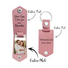 定製照片鑰匙扣，不鏽鋼標籤與刻字皮革鑰匙鍊，個性化男女禮品 - 粉色 - 查看 8