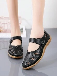 女士休闲镂空透气平底凉鞋，2025年夏季新款浴室拖鞋护士鞋，舒适防滑软底百搭夏季鞋，黑色 - 黑色 - 查看 1