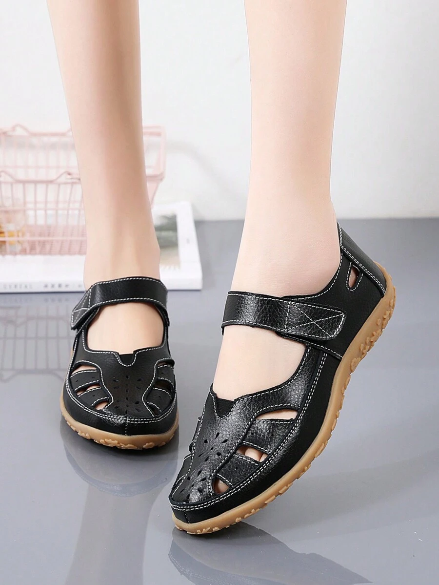 女士休闲镂空透气平底凉鞋，2025年夏季新款浴室拖鞋护士鞋，舒适防滑软底百搭夏季鞋，黑色 - 黑色 - 查看 1