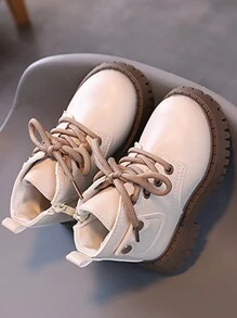 2024 Botas nuevas de primavera/otoño para niños y niñas, botas de piel para niños, botas acolchadas para bebés, estilo coreano - Beis - Ver 3