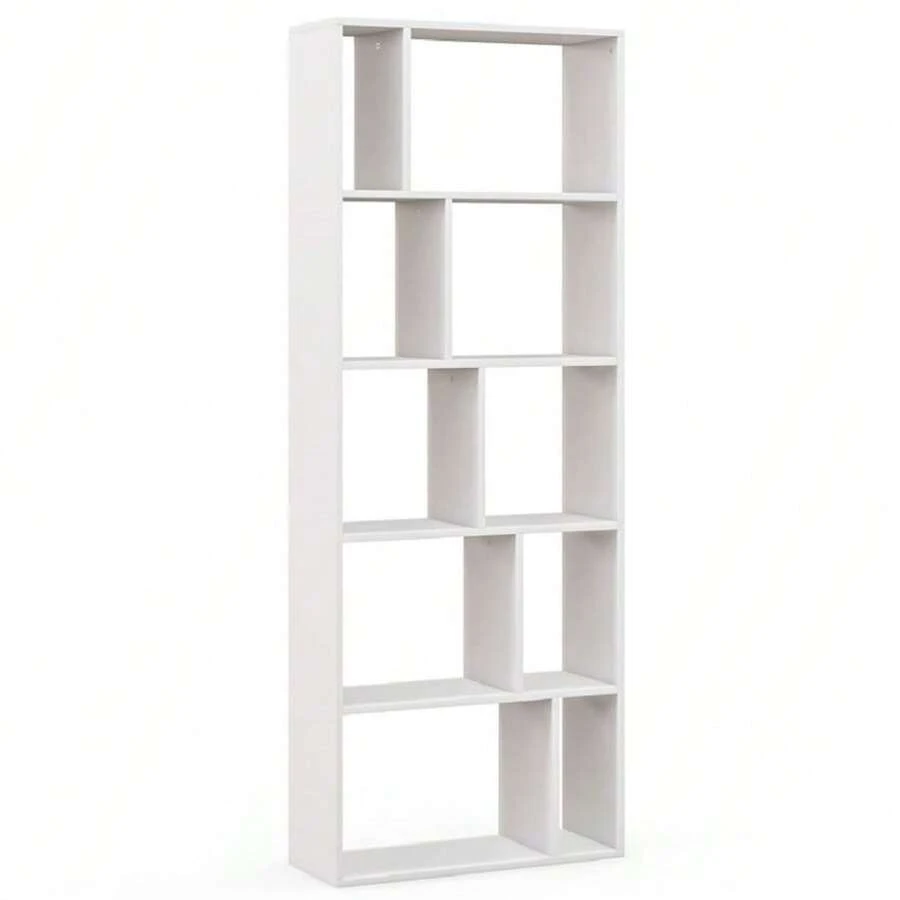 5-Tier Bookshelf, Bookcase Display Shelf, Wood Organizier W/ 10 Compartments, Floor Standing Room Divider, Freestanding Open Storage Rack For Home Study Living Room, White - White - View 1