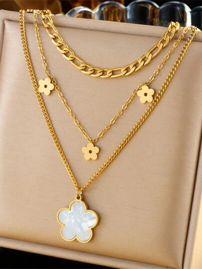 1 件多层复古风格闪亮贝壳花吊坠不锈钢链项链情人节、妈妈、母亲、母亲节、礼物