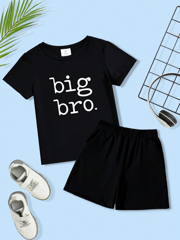 2pcs/Set Young Boy Casual "Big Bro" Letter Print Round Neck Short Sleeve T-Shirt And Sports Shorts