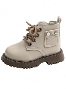 2024 Botas nuevas de primavera/otoño para niños y niñas, botas de piel para niños, botas acolchadas para bebés, estilo coreano - Beis - Ver 4