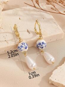 1 Pair Vintage Chinese Style Blue Floral Printed Faux Pearl Ceramic Dangle Earrings, Copper Imitation Blue And White Porcelain Ear Accessory For Women's Daily Wear - Nhiều màu B - Xem 2