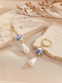 1 Pair Vintage Chinese Style Blue Floral Printed Faux Pearl Ceramic Dangle Earrings, Copper Imitation Blue And White Porcelain Ear Accessory For Women's Daily Wear - Nhiều màu B - Xem 4