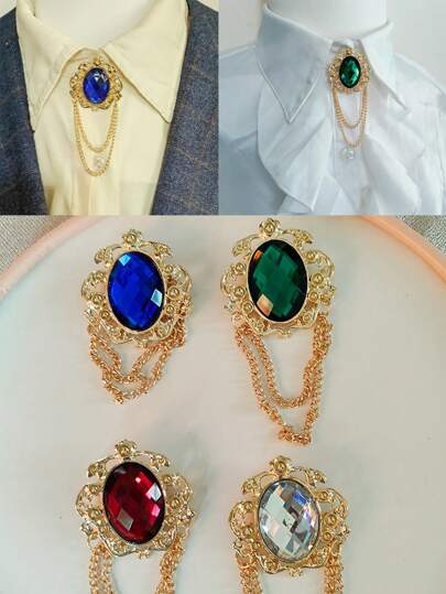 1pc Versatile European And American Style Brooch Pin - Golden Alloy Flower Design With Simulated Gemstone Chain Tassel, Can Be Used As A Brooch Or As A Tie Pin For Neckline Decoration,School